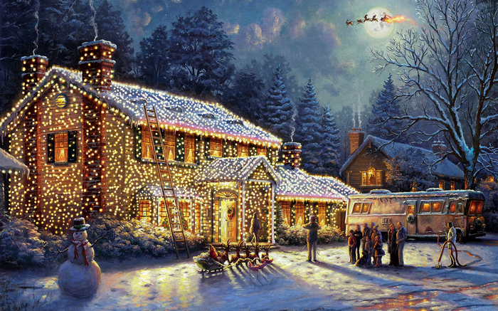 Christmas House Decorated with Lights and Santa Claus