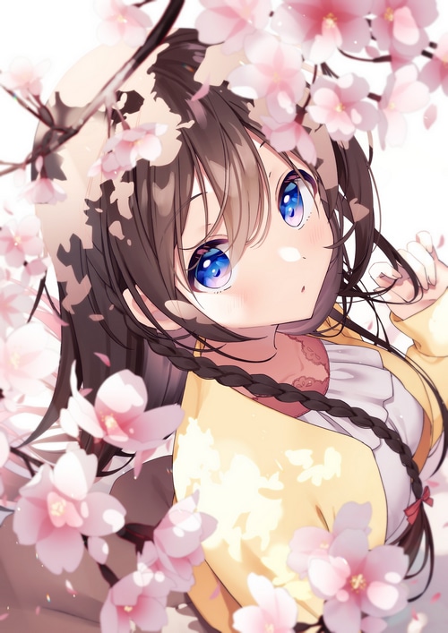 Anime girl with braids and blue eyes among cherry blossoms