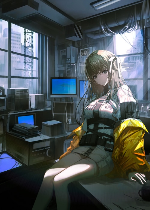 Anime girl in a lab with multiple computer screens