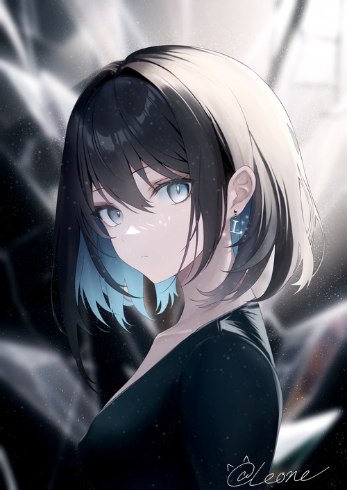 Anime girl with blue eyes and two-tone hair