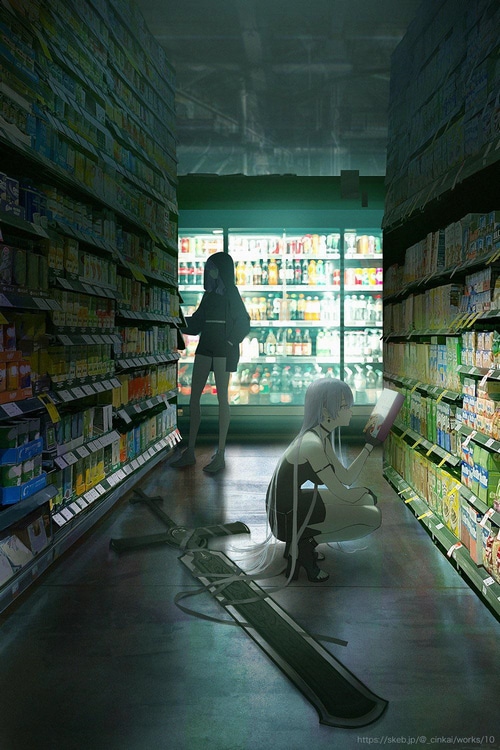 Anime characters in a supermarket with a sword