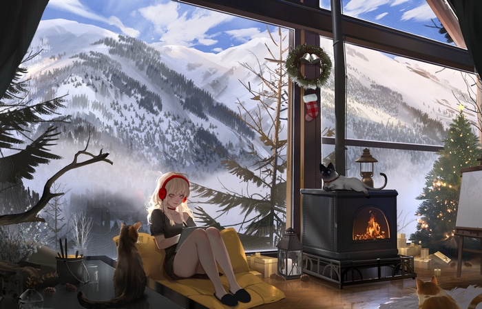 Girl with headphones and cats in a snowy mountain cabin