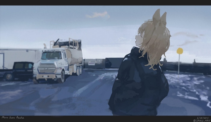 Anime girl with animal ears and trucks