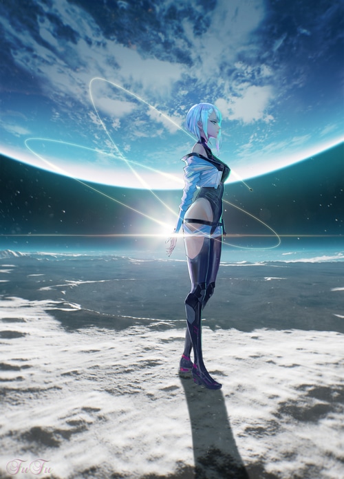 Lucyna Kushinada on the Moon with Earth in the background