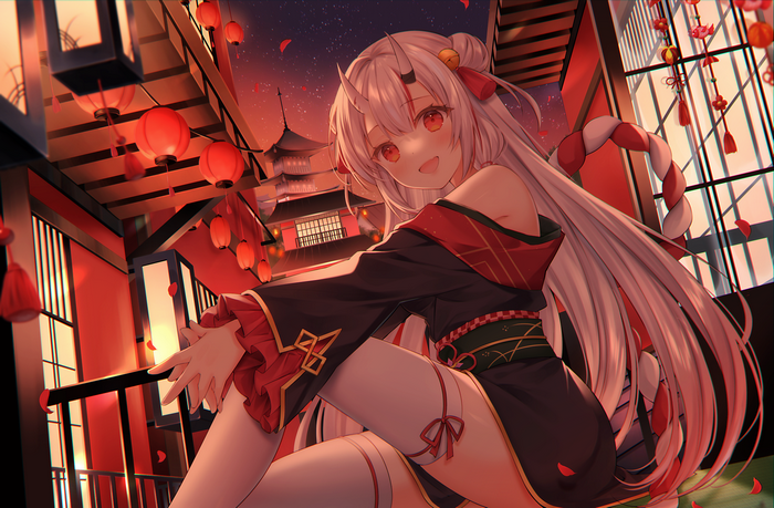Nakiri Ayame in a traditional Japanese setting with lanterns