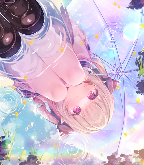 Anime girl with purple eyes and blonde hair under an umbrella