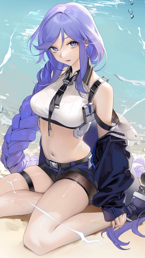 Anime girl with blue hair and braids on the beach