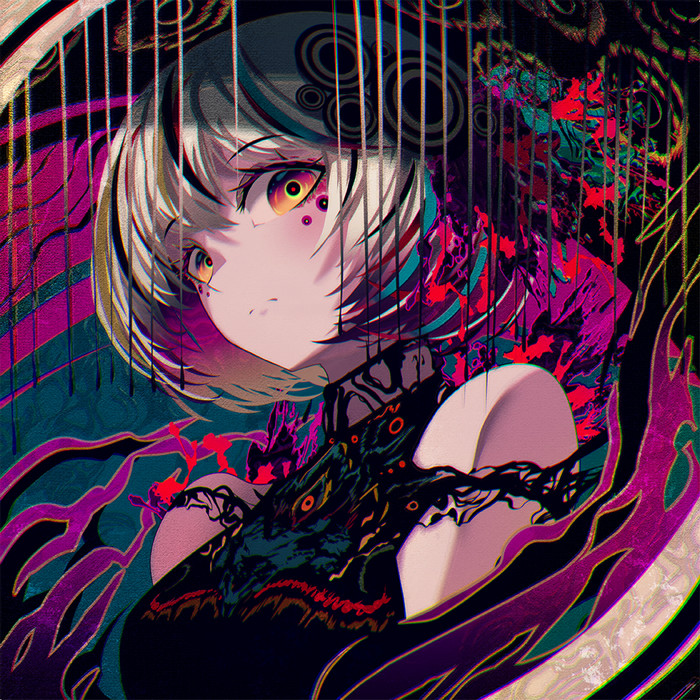 Anime girl with colorful hair and abstract background