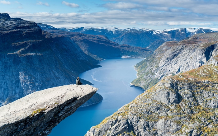 4K Norway Landscape with Person on Trolltunga Rock