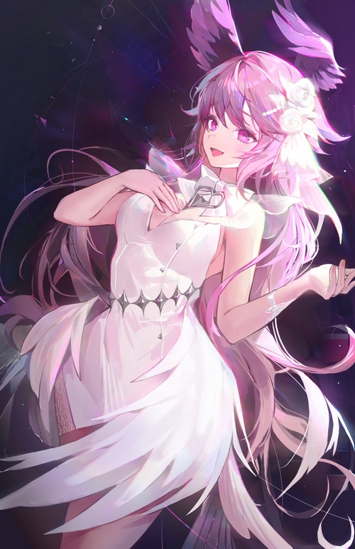 Moko in a white dress with pink hair and eyes