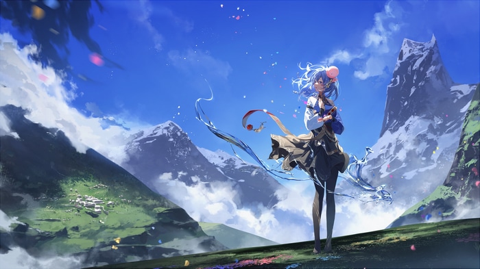 Girl with blue hair in a mountain landscape