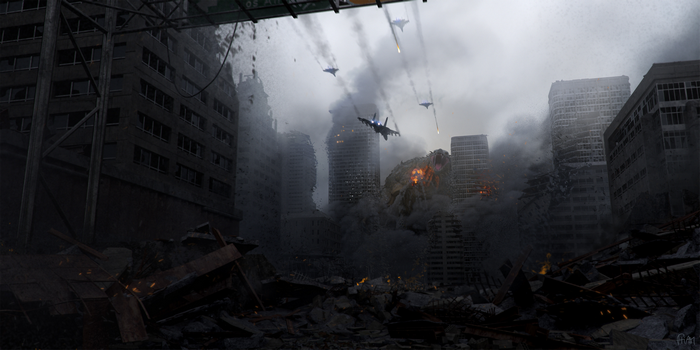 Creature and jets in ruined city