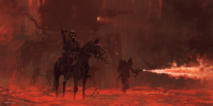 Soldiers in gas masks with flamethrower and horse in red landscape