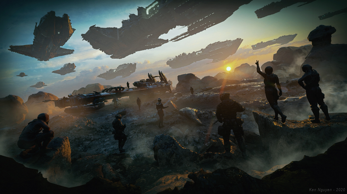 Spaceships and soldiers on a rocky alien planet
