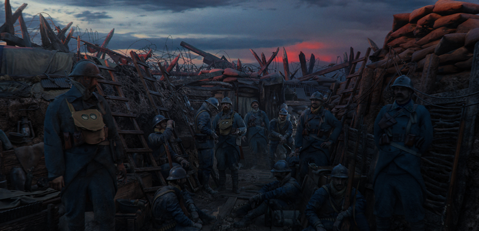 World War I soldiers in a trench at dusk
