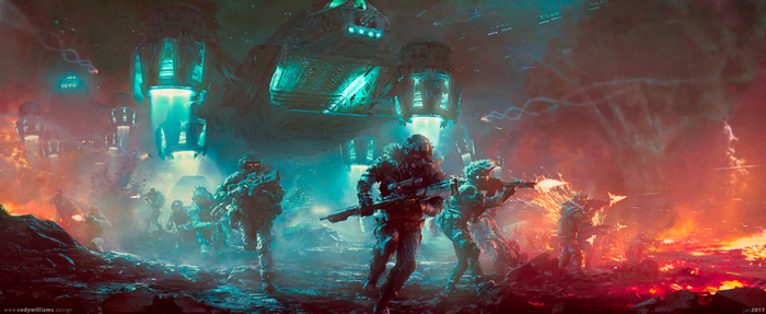 Soldiers in a sci-fi battle with alien ships