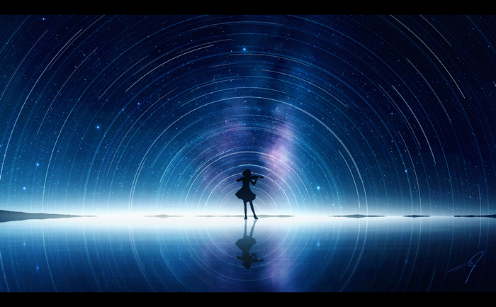 Girl playing violin under star trails at Lake Agnes
