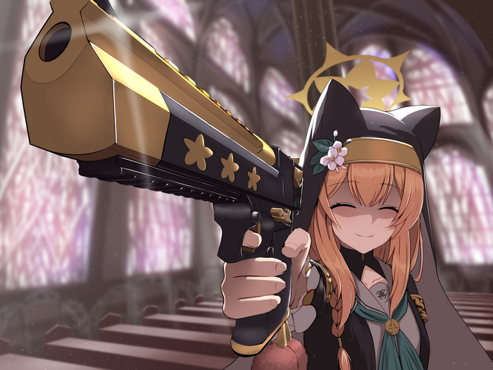 Iochi Mari from Blue Archive holding a golden gun