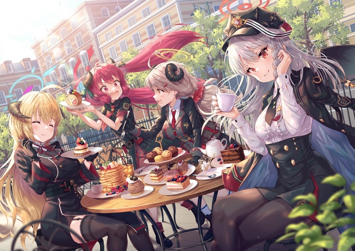Anime girls in military uniforms eating pastries at a cafe
