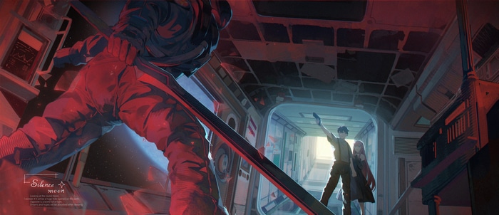 Anime characters in a spaceship with a gun