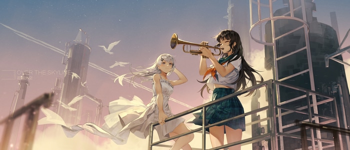 Two girls on a rooftop with a trumpet and cityscape