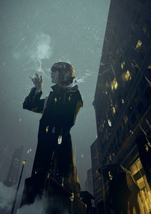 Person smoking in a rainy city at night