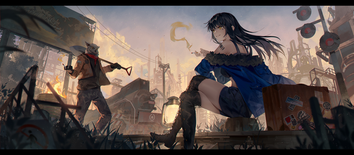 Furry character with shovel and girl smoking by train tracks