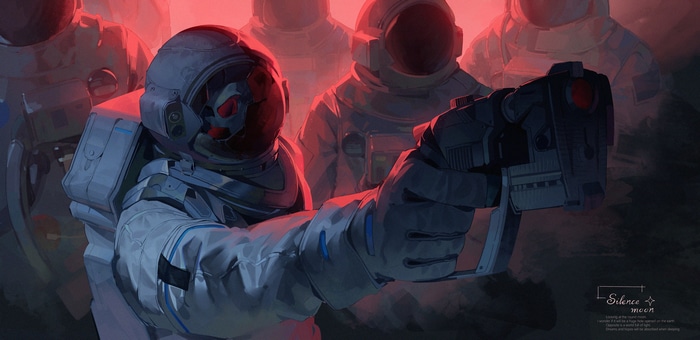Astronaut holding a gun with other astronauts behind