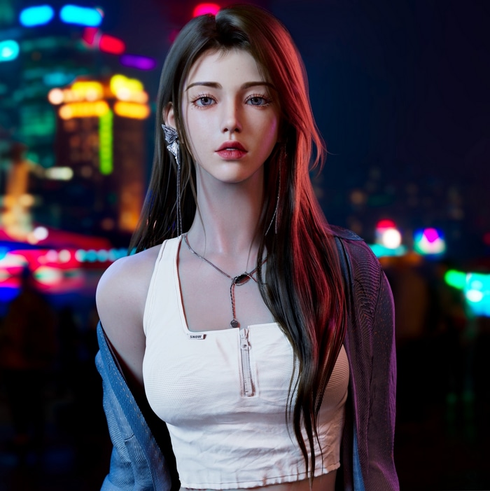 Asian woman in CGI with city lights background