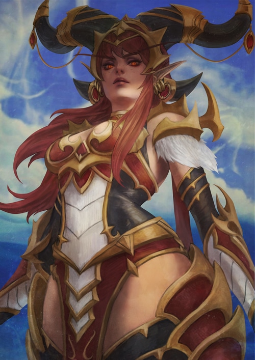 Alexstrasza from World of Warcraft with horns and armor