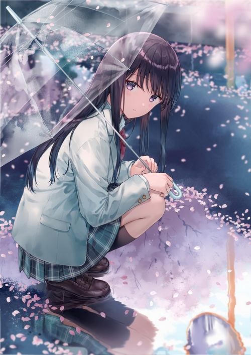 Anime girl in school uniform with umbrella and petals