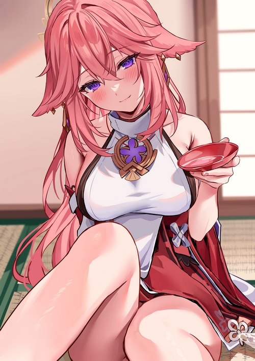 Yae Miko from Genshin Impact holding a sake cup