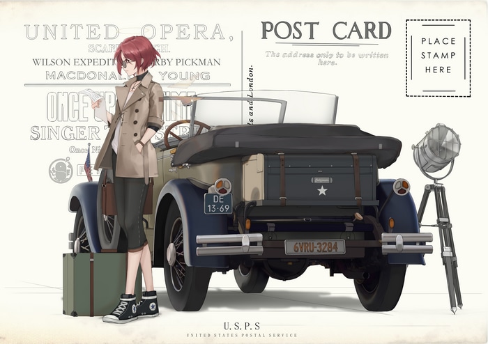 Arknights Exusiai with a vintage car
