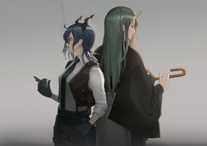 Chen and Hoshiguma with horns and smoking