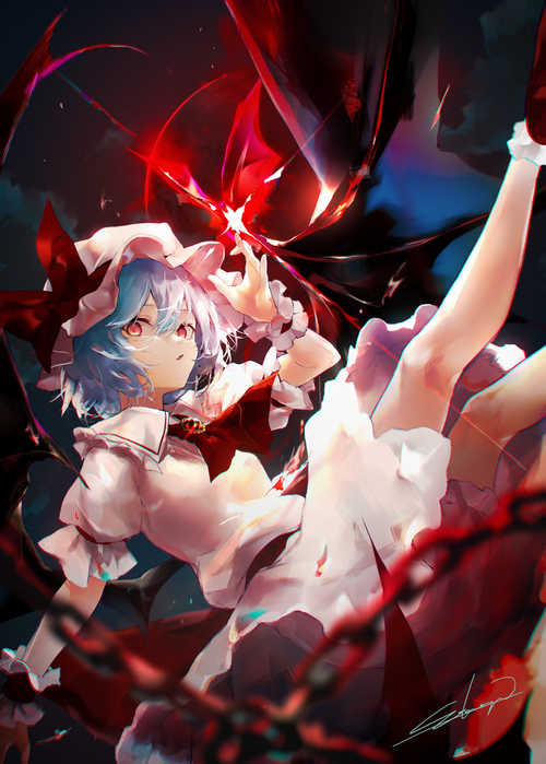 Remilia Scarlet from Touhou with chains and red energy