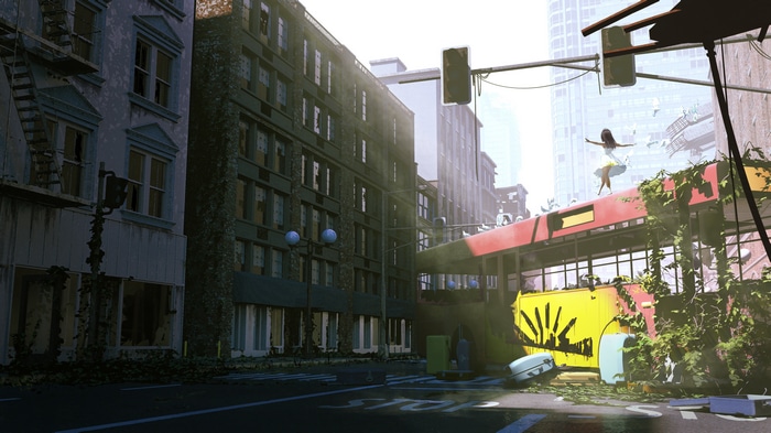 4K ruins of a city with a bus and a dancer