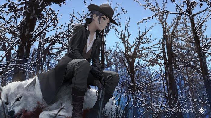 4K girl with gun and wolf in snowy forest