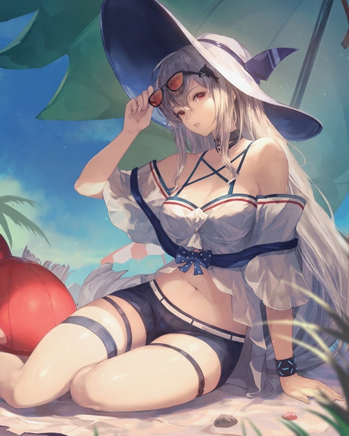 Skadi in swimwear with hat and sunglasses on the beach