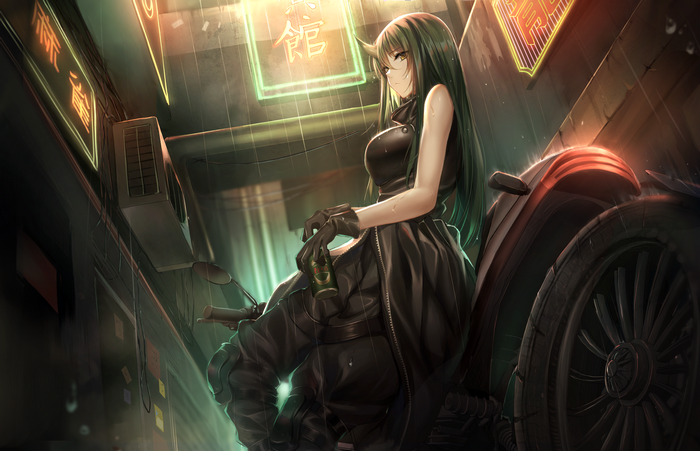 Hoshiguma from Arknights on a motorcycle in the rain