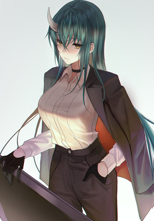 Hoshiguma from Arknights wearing a suit and gloves