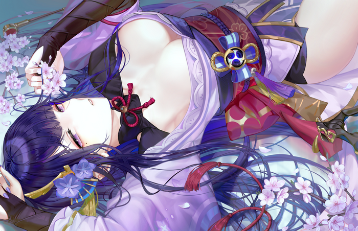 Raiden Shogun lying with cherry blossoms