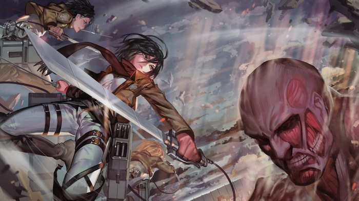 Attack on Titan: Mikasa, Eren, Armin vs Colossal Titan
