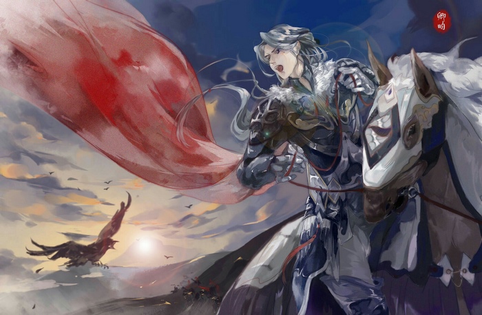 Man in armor riding a white horse with a red cape