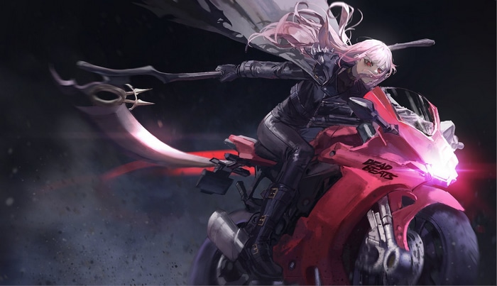 Mori Calliope riding a red motorcycle with a scythe