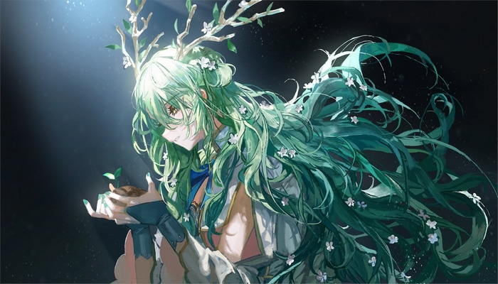 Ceres Fauna holding a seedling with antlers and flowers in her hair