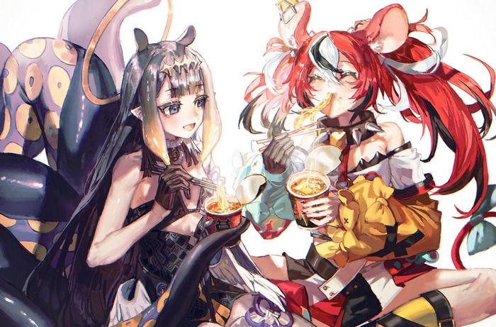 Ninomae Inanis and Hakos Baelz eating ramen