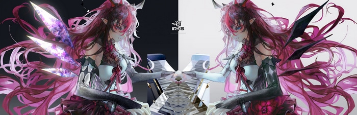 IRyS playing a keyboard with demonic wings