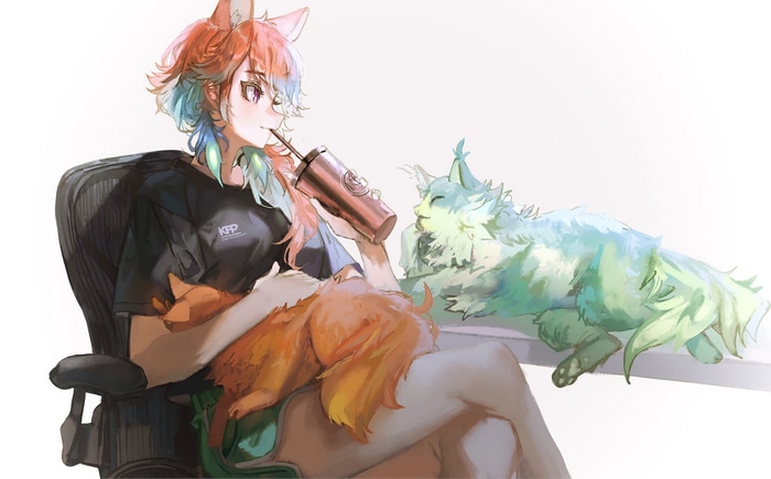 Takanashi Kiara with cats and a drink