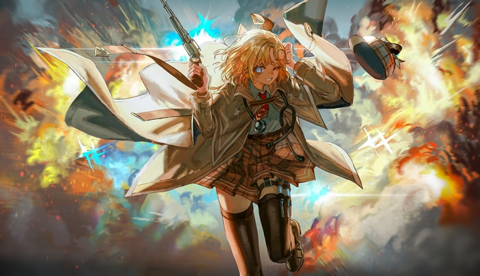 Watson Amelia with a gun in an explosion