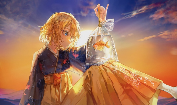 Amelia Watson holding a goldfish in a bag at sunset